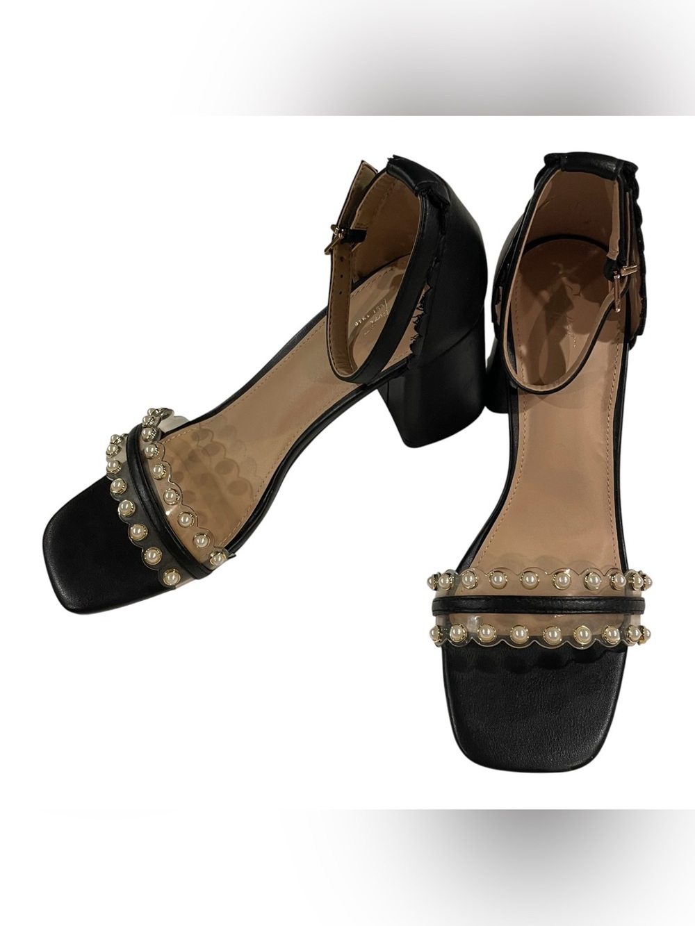 Comfort Sandals Black Faux Leather Pearl Embellished Block Heel Women’s 9W